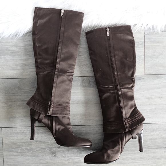 Ralph Lauren Purple Label Brown Satin Knee High Convertible Ankle Boots - Picture 3 of 16